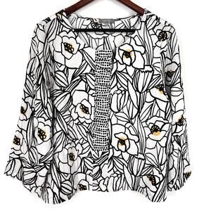 Habitat Sz Medium Gauze Wearable Art to Wear Black White Floral Blouse Shirt Top